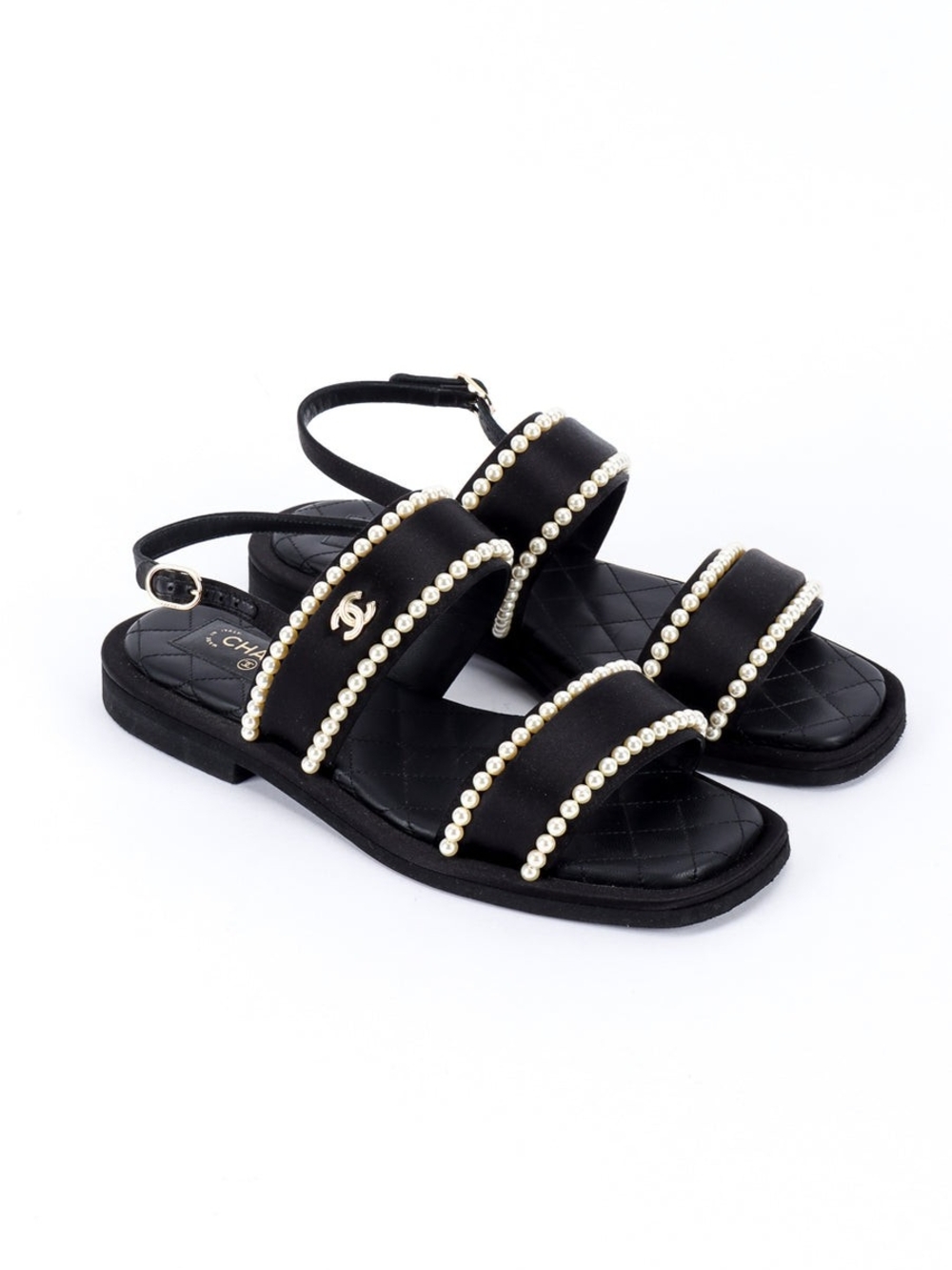CC Black Satin and Pearl-Trim Cruise Slingback Sandals
